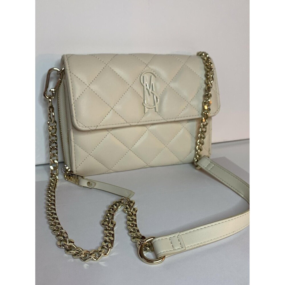 Steve Madden Cream Quilted Crossbody Bag Gold Chain Strap SM Logo Wallet On Chai